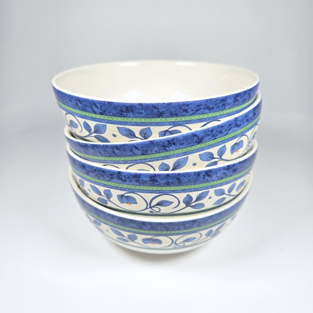 Pfaltzgraff Orleans Cereal Soup Bowls Blue Green Vine Set of 4 Stoneware Round
